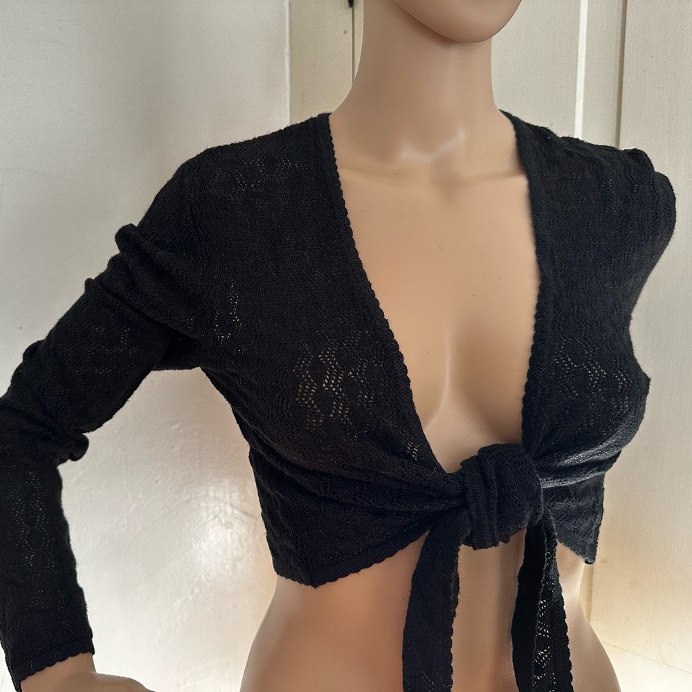 Shu-Shu Tie-front Cropped Open-Weave Sweater - SZ M